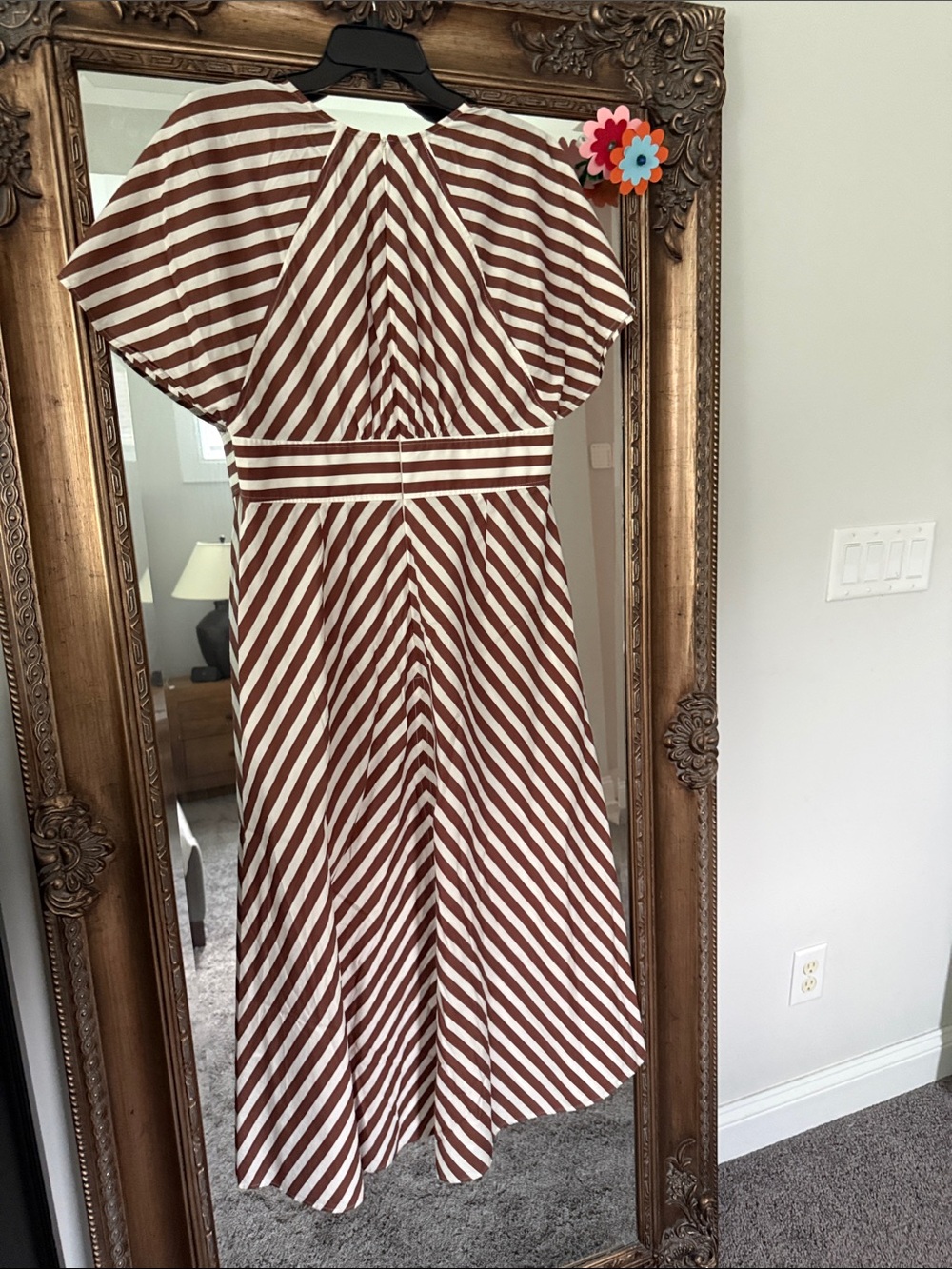 Oroton Midi Dress V-Neck Flutter Sleeve Brown & White Striped (US 10/AU 14) - Picture 4 of 9